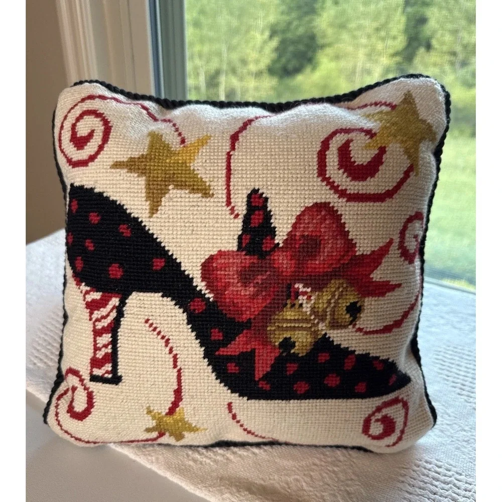 Stephanie Stouffer Needlepoint Christmas Shoe with Bow Pillow  11 X 11 Inches